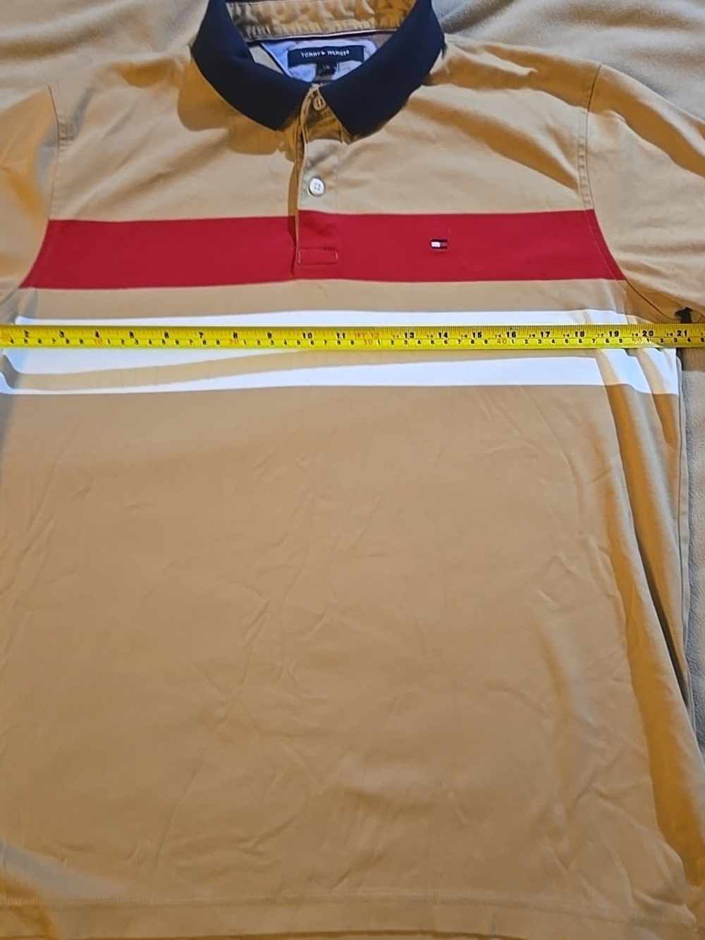 Tommy Hilfiger Men’s Beige Polo with Red, White and Navy Stripes Slim Fit.